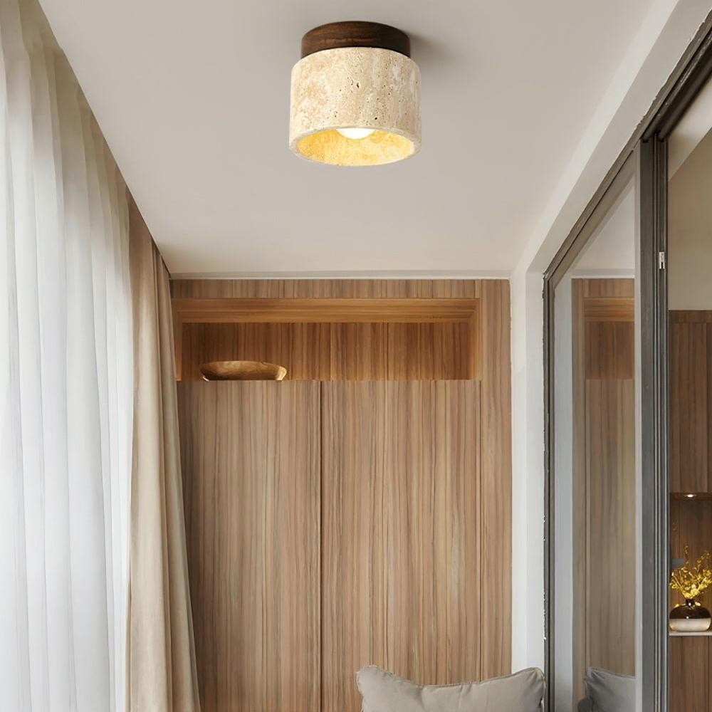 Wiktora Natural Cylindrical Travertine Wooden Ceiling Light