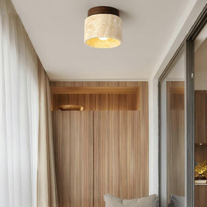 Wiktora Natural Cylindrical Travertine Wooden Ceiling Light