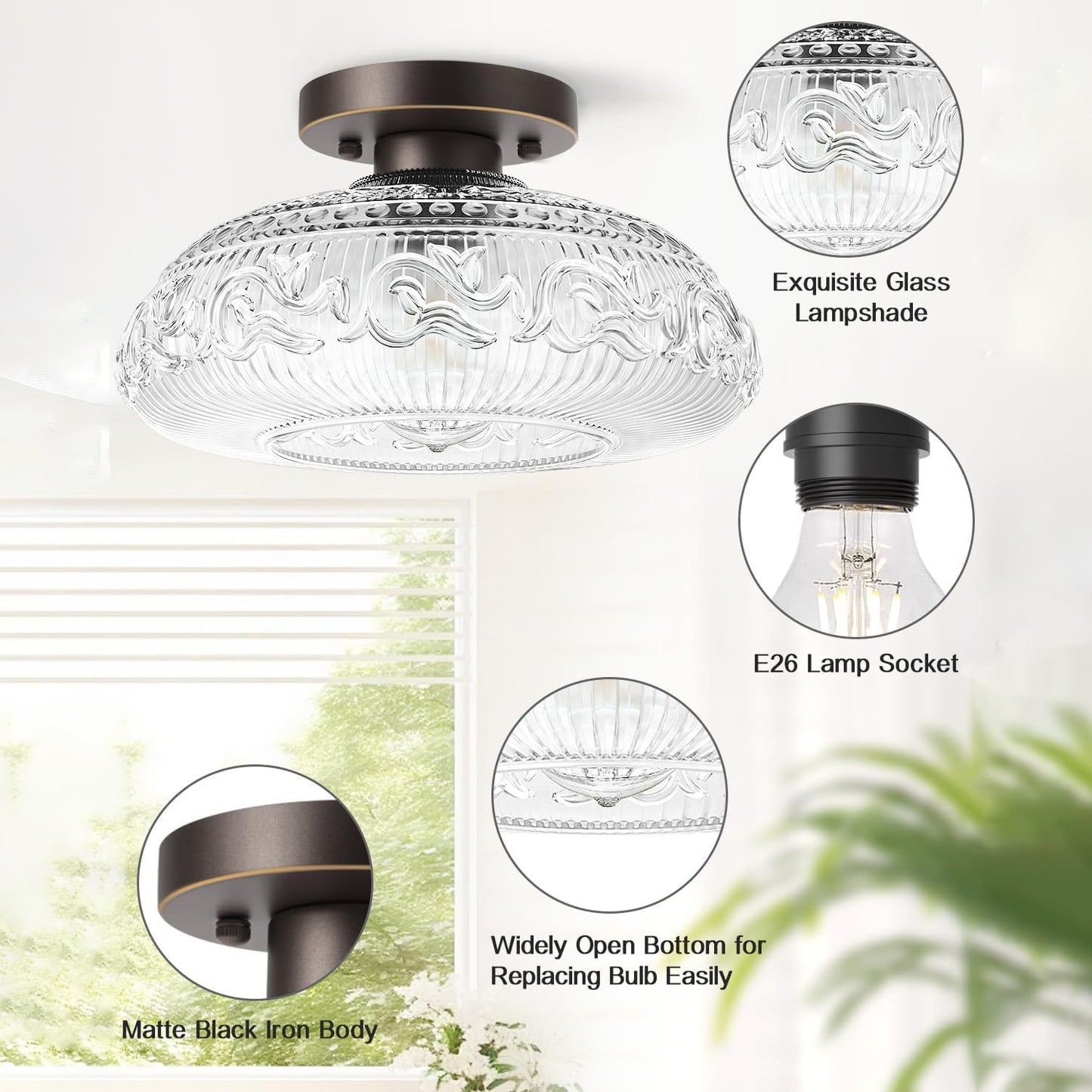 Cassandra American Country Patterned Glass Ceiling Light