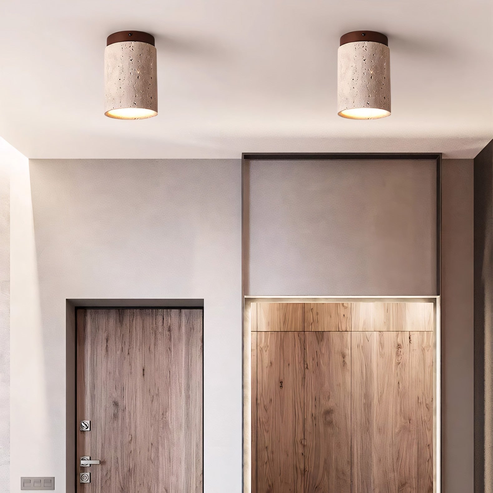 Hyrion Mini Wood And Stone Cylinder Travertine Ceiling Light