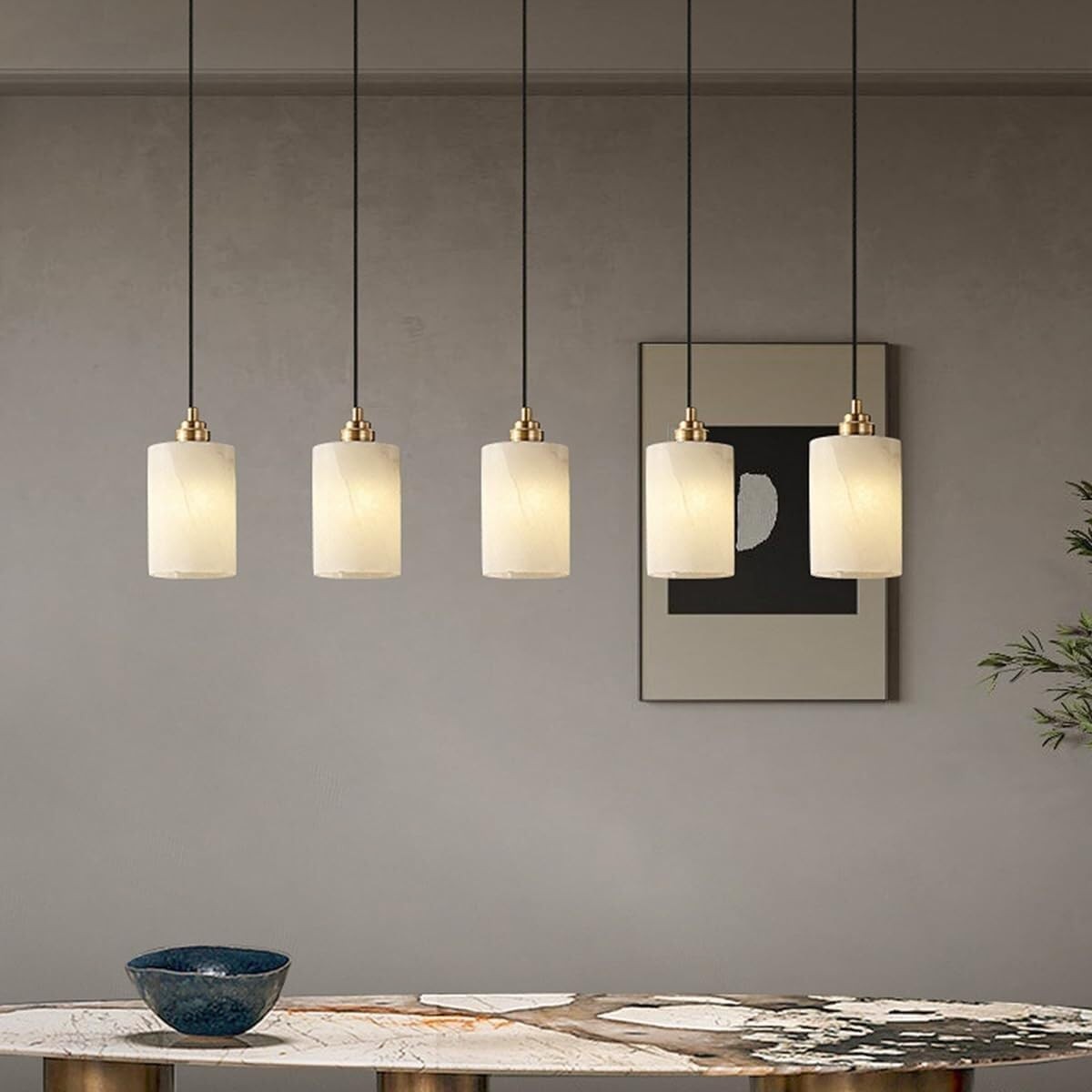 Beverlee Modern Brass Cylinder Alabaster Pendant Light