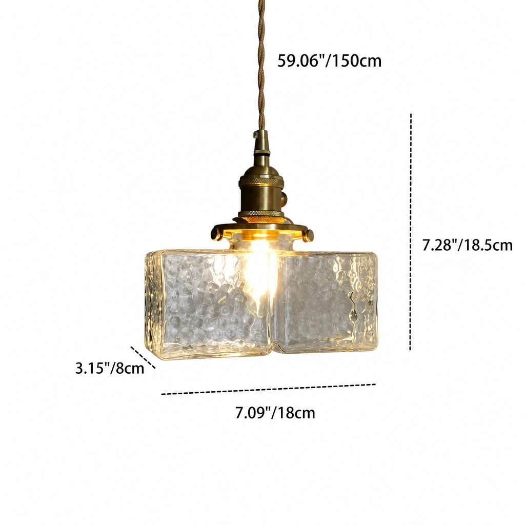 Faelthorin Farmhouse Brass Hammered Square Glass Pendant Lamp