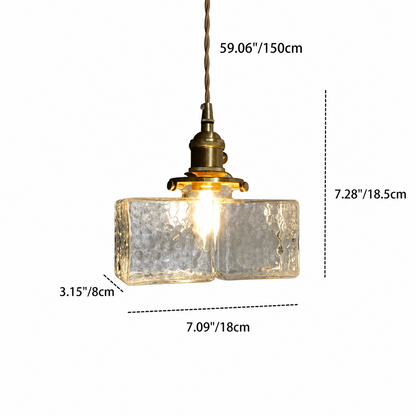 Faelthorin Farmhouse Brass Hammered Square Glass Pendant Lamp