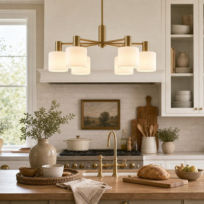 Aura Mid-Century Brass Porcelain Cylinder Chandelier