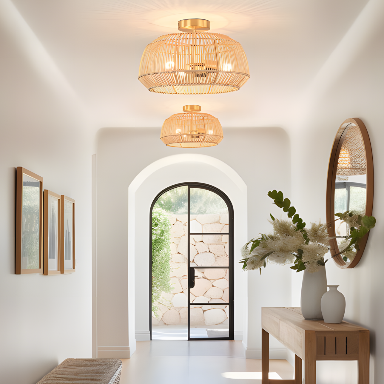 Lyril Boho Rattan Semi Flush Mount Ceiling Light