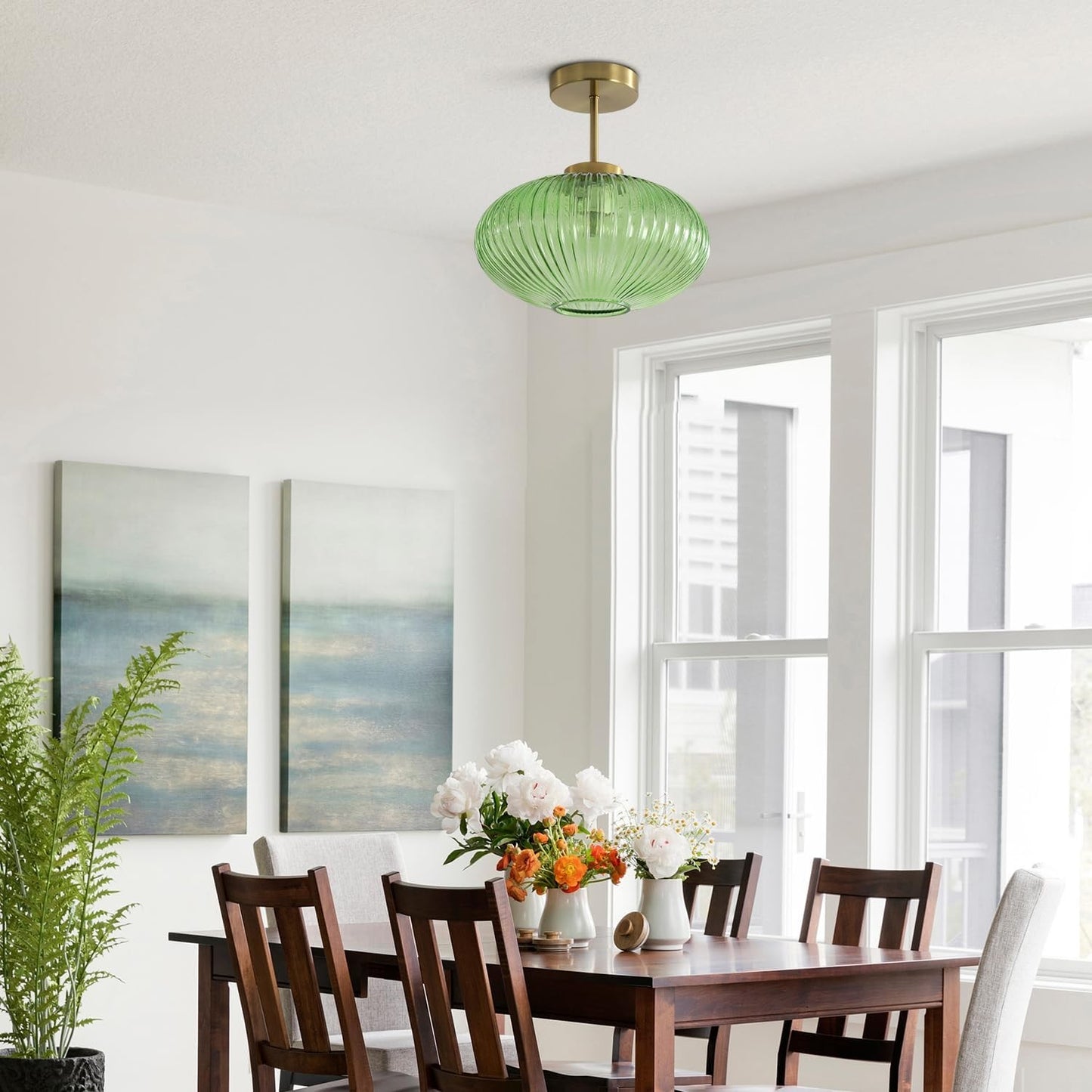 Jorik Natural Green Ribbed Glass Oval Ceiling Light
