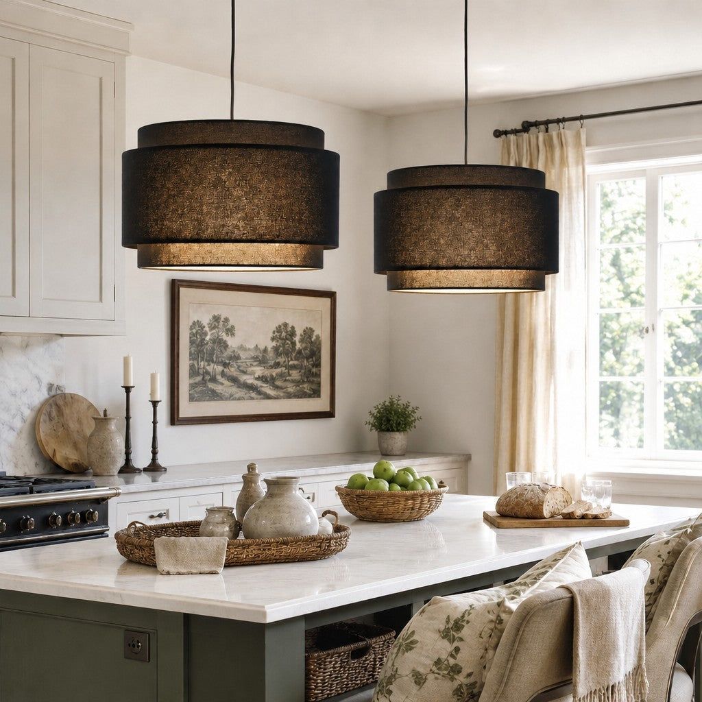 Virelai Modern Linen Double Drum Pendant Light