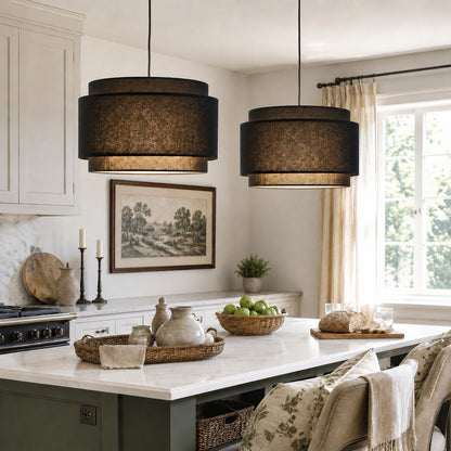 Virelai Modern Linen Double Drum Pendant Light