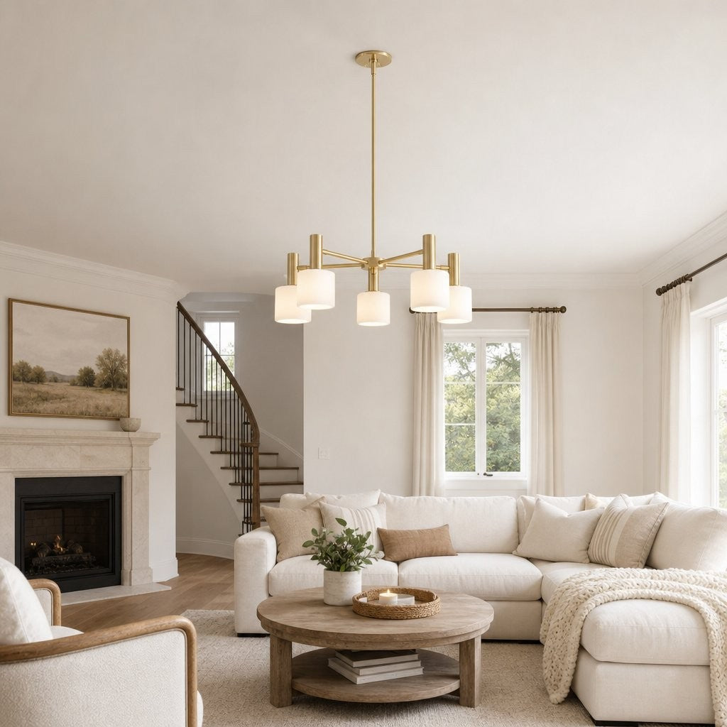 Aura Mid-Century Brass Porcelain Cylinder Chandelier