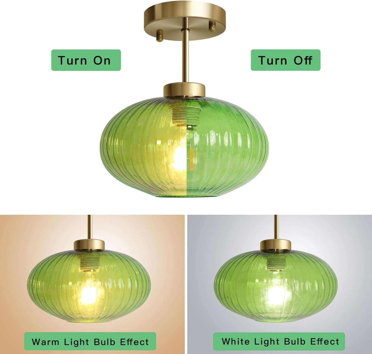 Jorik Natural Green Ribbed Glass Oval Ceiling Light