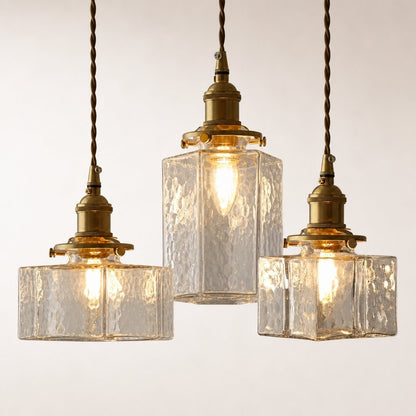 Faelthorin Farmhouse Brass Hammered Square Glass Pendant Lamp