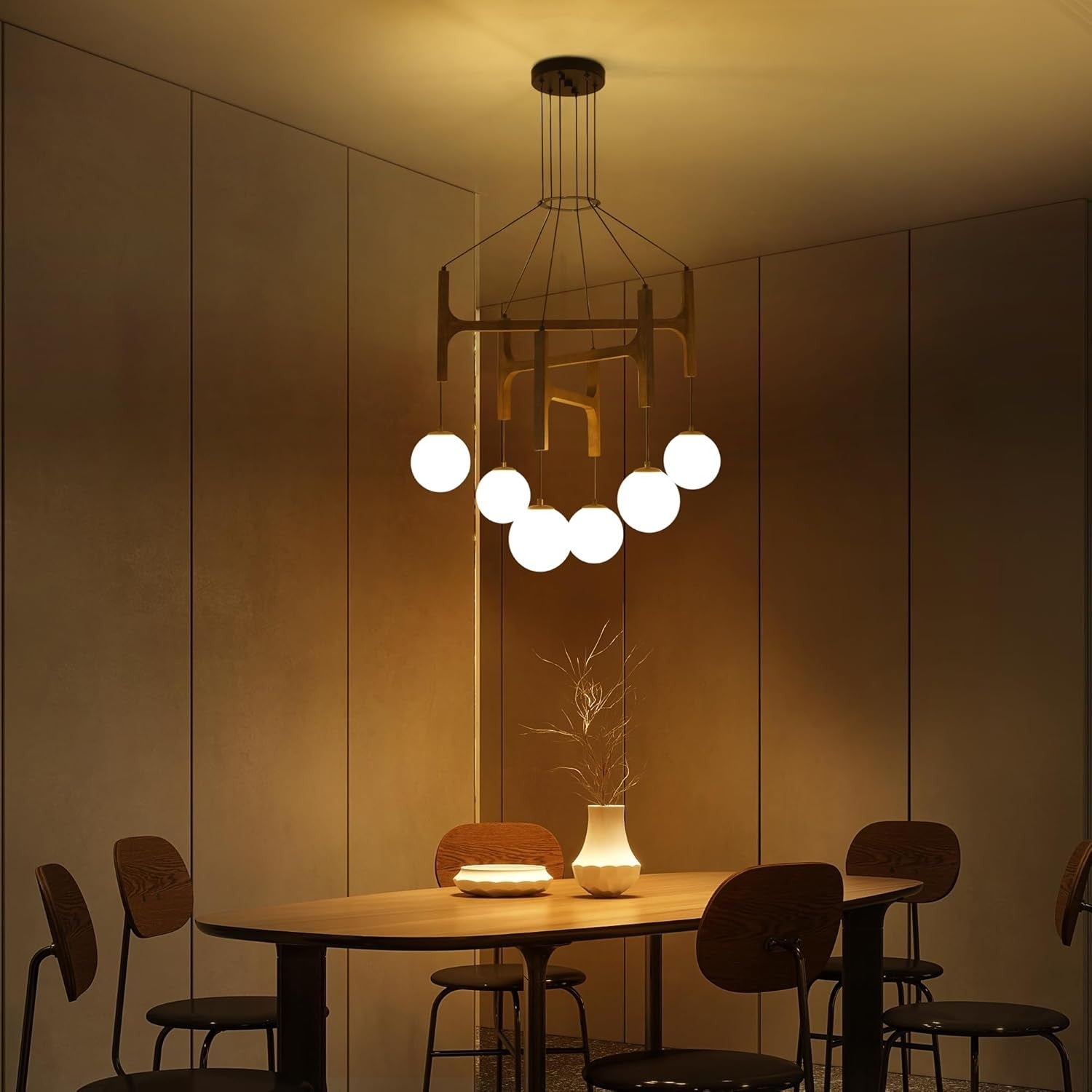 Astraea Farmhouse Wooden Branch Milk Glass Globe Chandelier