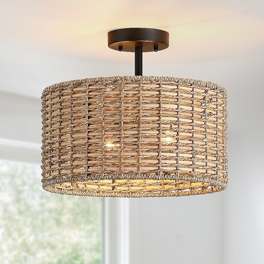 Lannister Coastal 2-Light Semi-Flush Mount Ceiling Light with Hand Woven Drum Shade for Bedroom