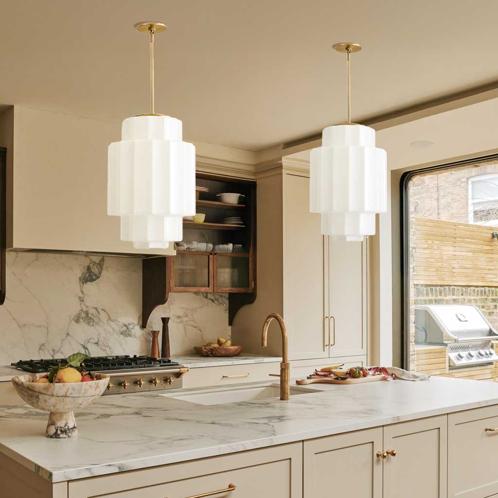 Zevian Antique Brass Tiered Opal White Glass Pendant Light