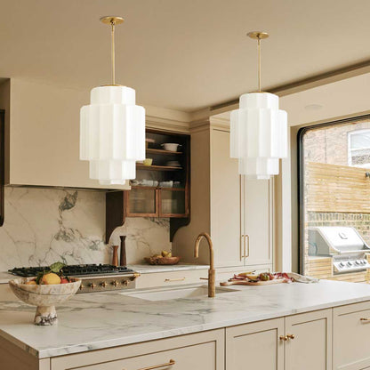 Zevian Antique Brass Tiered Opal White Glass Pendant Light