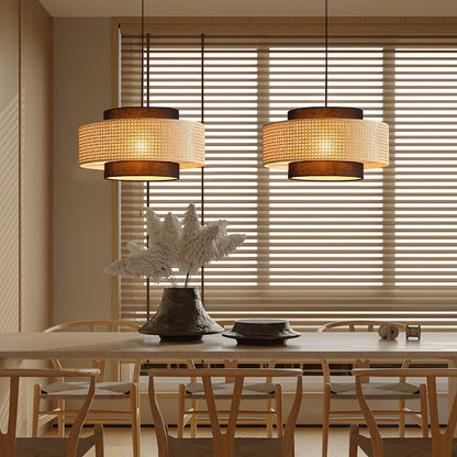 Nivara Rattan Linen Double Drum Pendant Light
