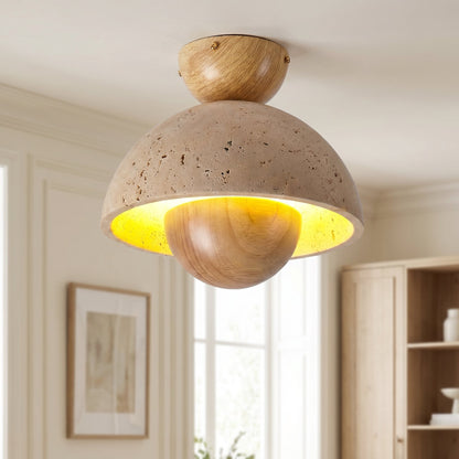 Elrick Mid-Century Travertine Wood Dome Ceiling Light