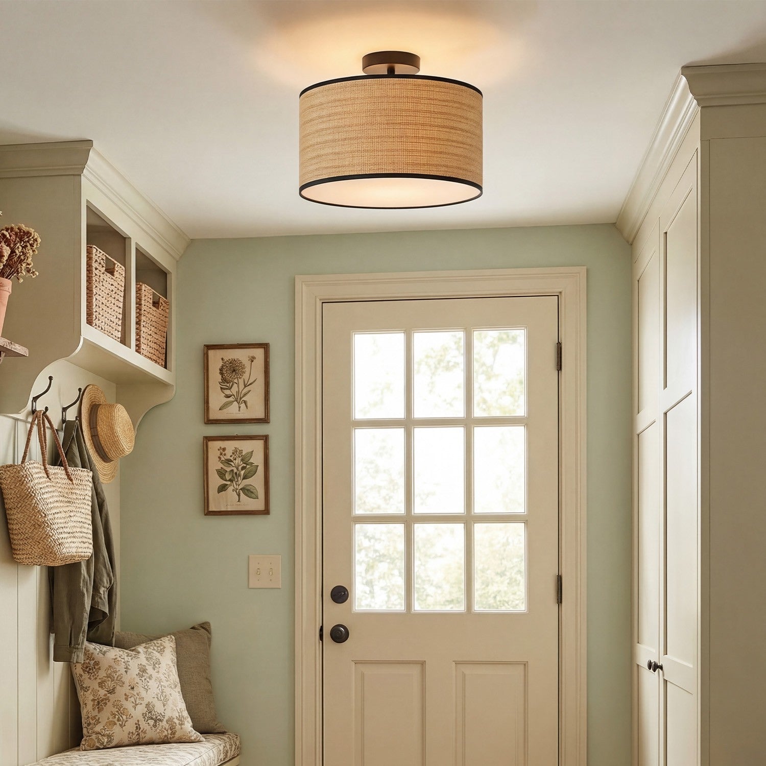 James Rustic Drum Woven Flush Mount Ceiling Light