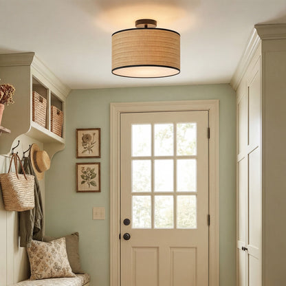 James Rustic Drum Woven Flush Mount Ceiling Light