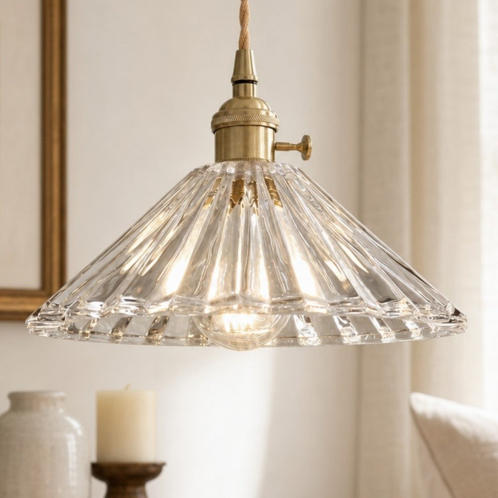 Fyron Retro Clear Brass Glass Pleated Pendant Light