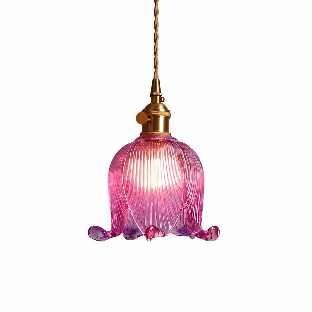 Fawen Retro Floral  Ribbed Glass Shade Pendant Light