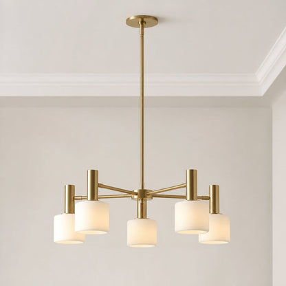 Aura Mid-Century Brass Porcelain Cylinder Chandelier