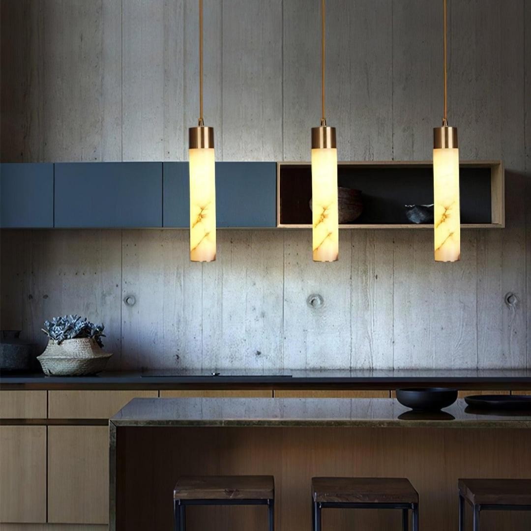 Odalys Luxurious Cylindrical Alabaster Brass Pendant Light