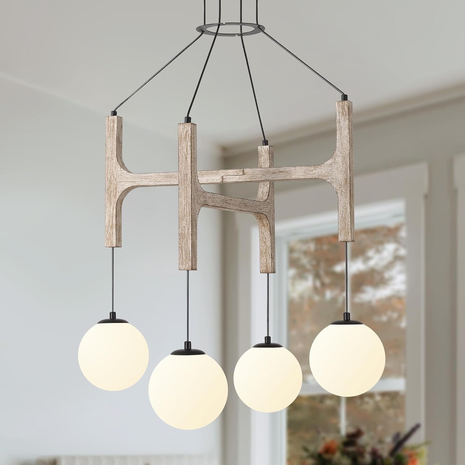 Astraea Farmhouse Wooden Branch Milk Glass Globe Chandelier