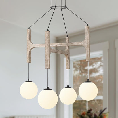 Astraea Farmhouse Wooden Branch Milk Glass Globe Chandelier