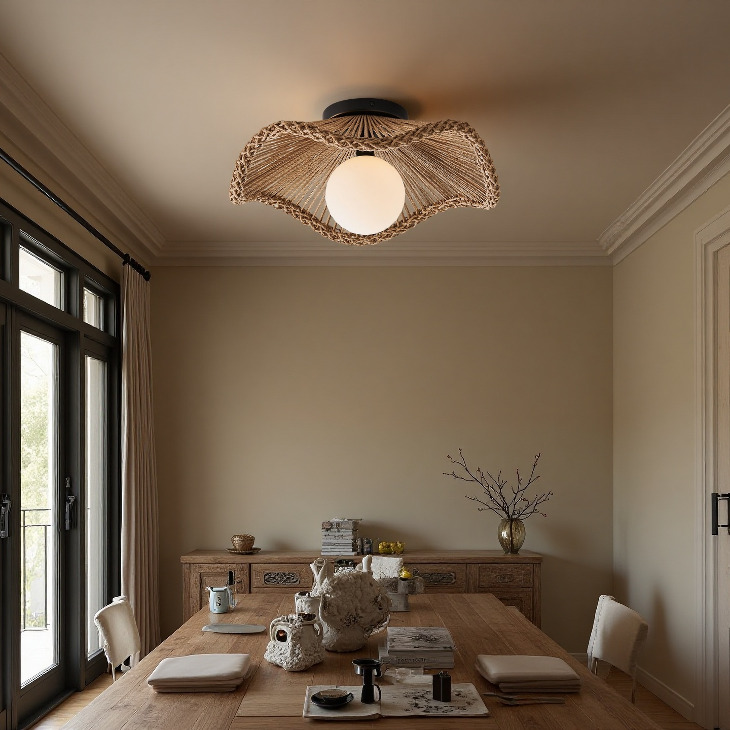 Lovary Bohemian Rattan Flower Flush Mount Ceiling Light