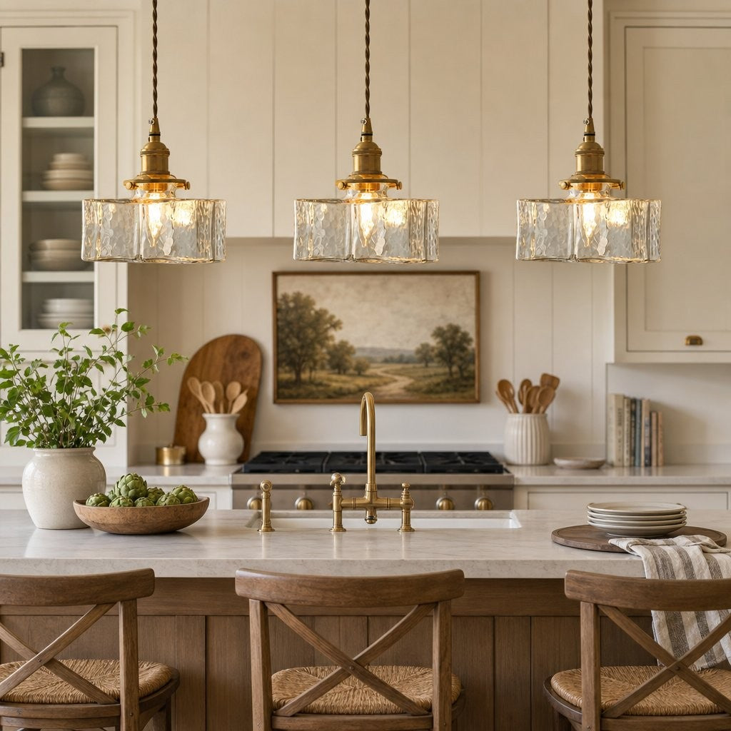 Faelthorin Farmhouse Brass Hammered Square Glass Pendant Lamp