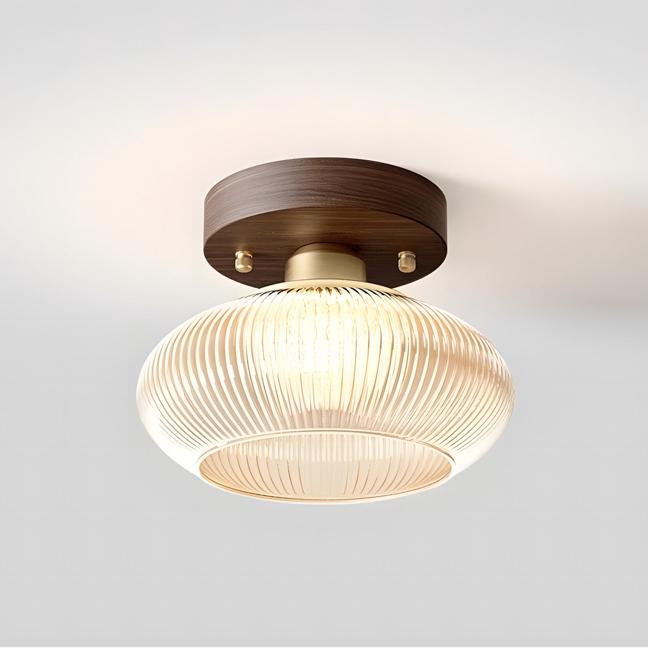Caspian Retro Led Walnut Base Amber Fluted Glass Ceiling Light