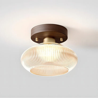Caspian Retro Led Walnut Base Amber Fluted Glass Ceiling Light