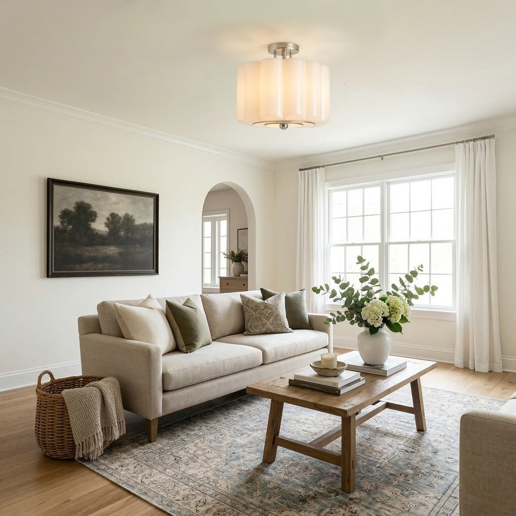 Hanahs Farmhouse Milk Glass Scalloped Shade Ceiling Light