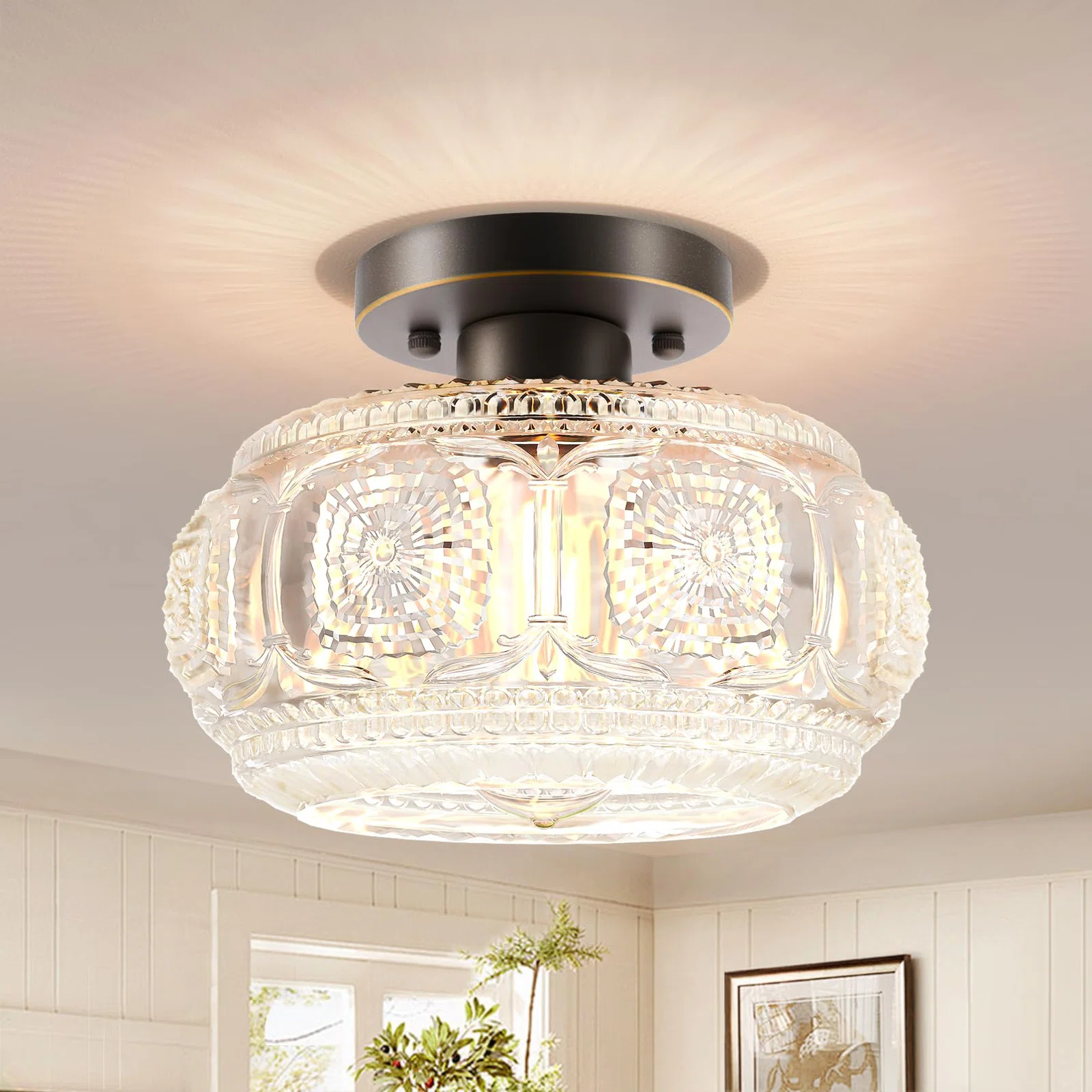Ixionis Retro Carved Glass Semi Flush Ceiling Light