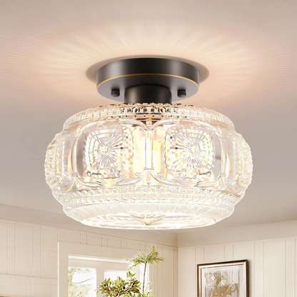 Ixionis Retro Carved Glass Semi Flush Ceiling Light
