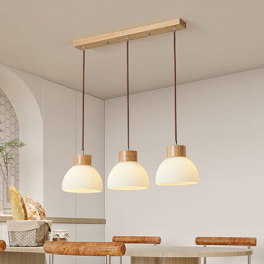 Tyrionth Wood Base 3 Light White Ribbed Glass Shade Pendant Light