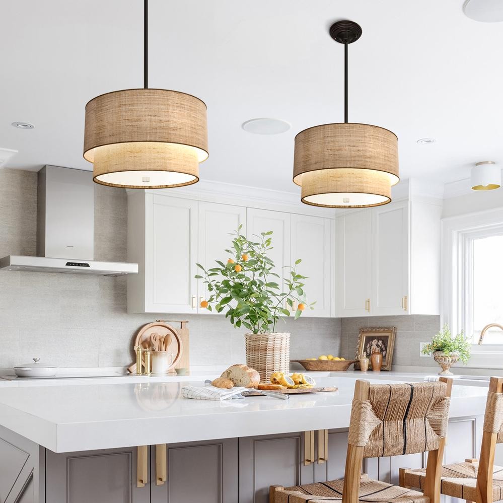 Javier Natural Linen Double Fabric Drum Pendant Light