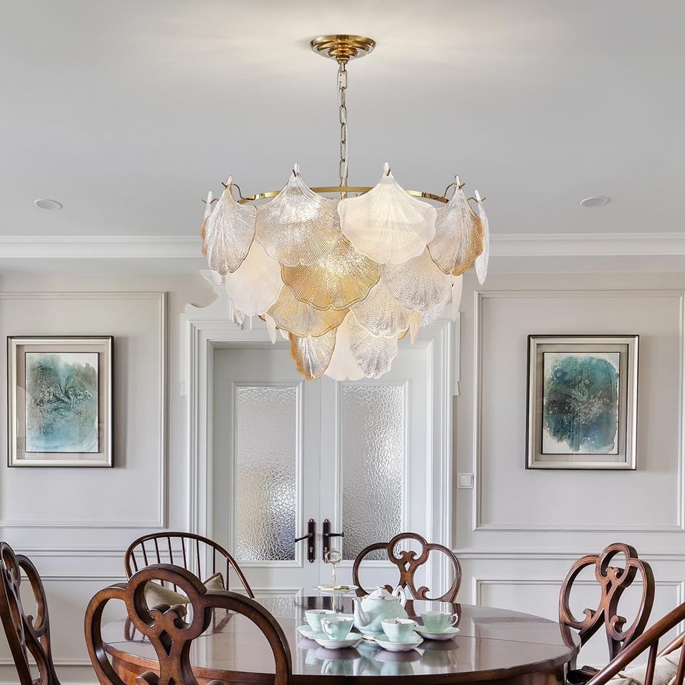 Cyan Champagne Ginkgo Leaf Textured Glass Chandelier