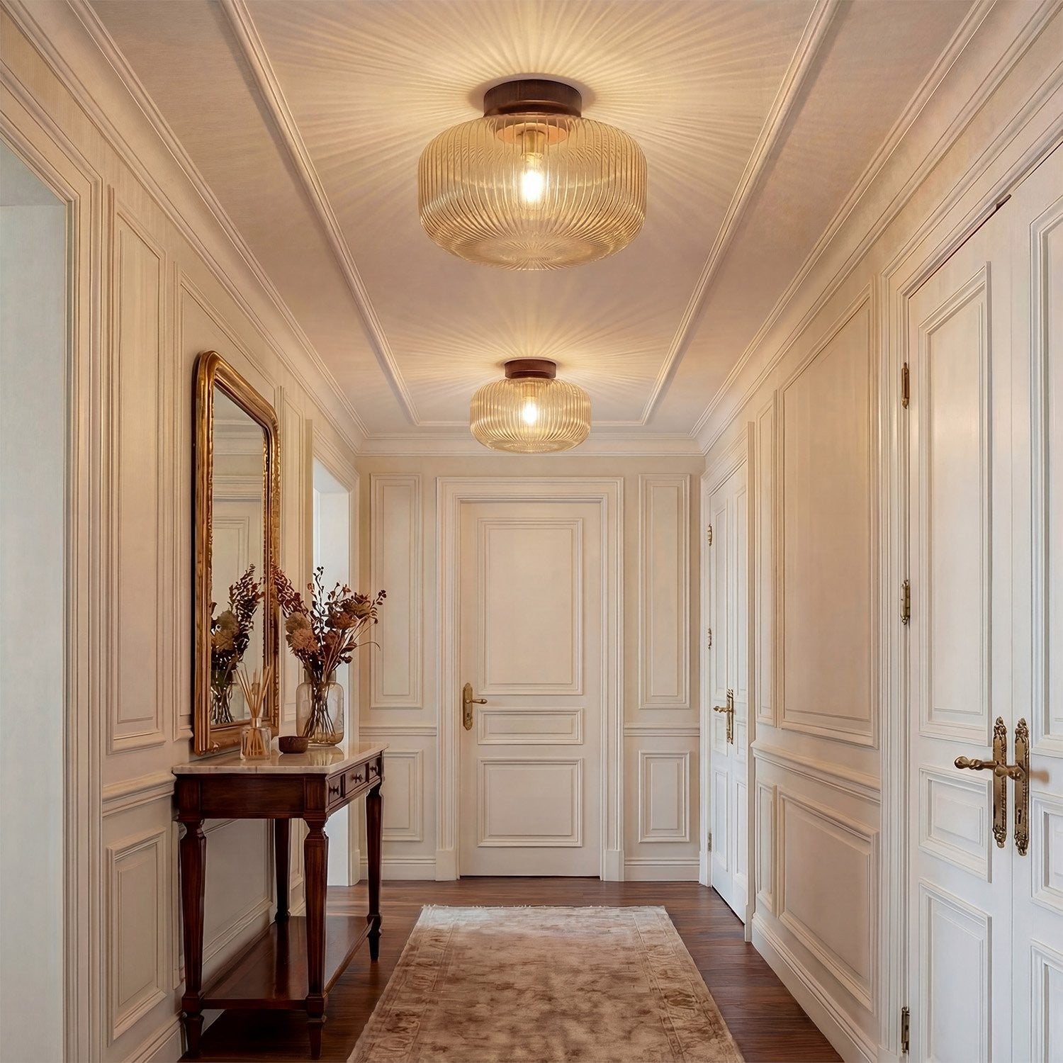 Octavius Farmhouse Retro Amber Fluted Glass Ceiling Light