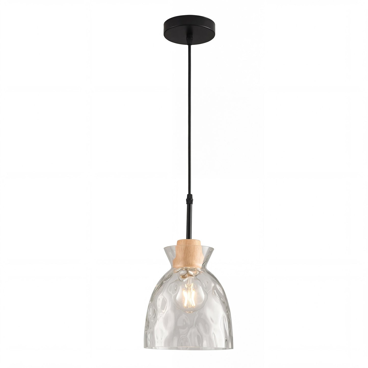 Kethor Mid Century Wood Hammered Glass Dome Pendant Light