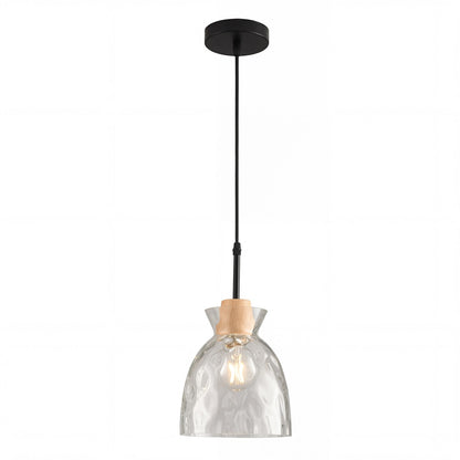 Kethor Mid Century Wood Hammered Glass Dome Pendant Light