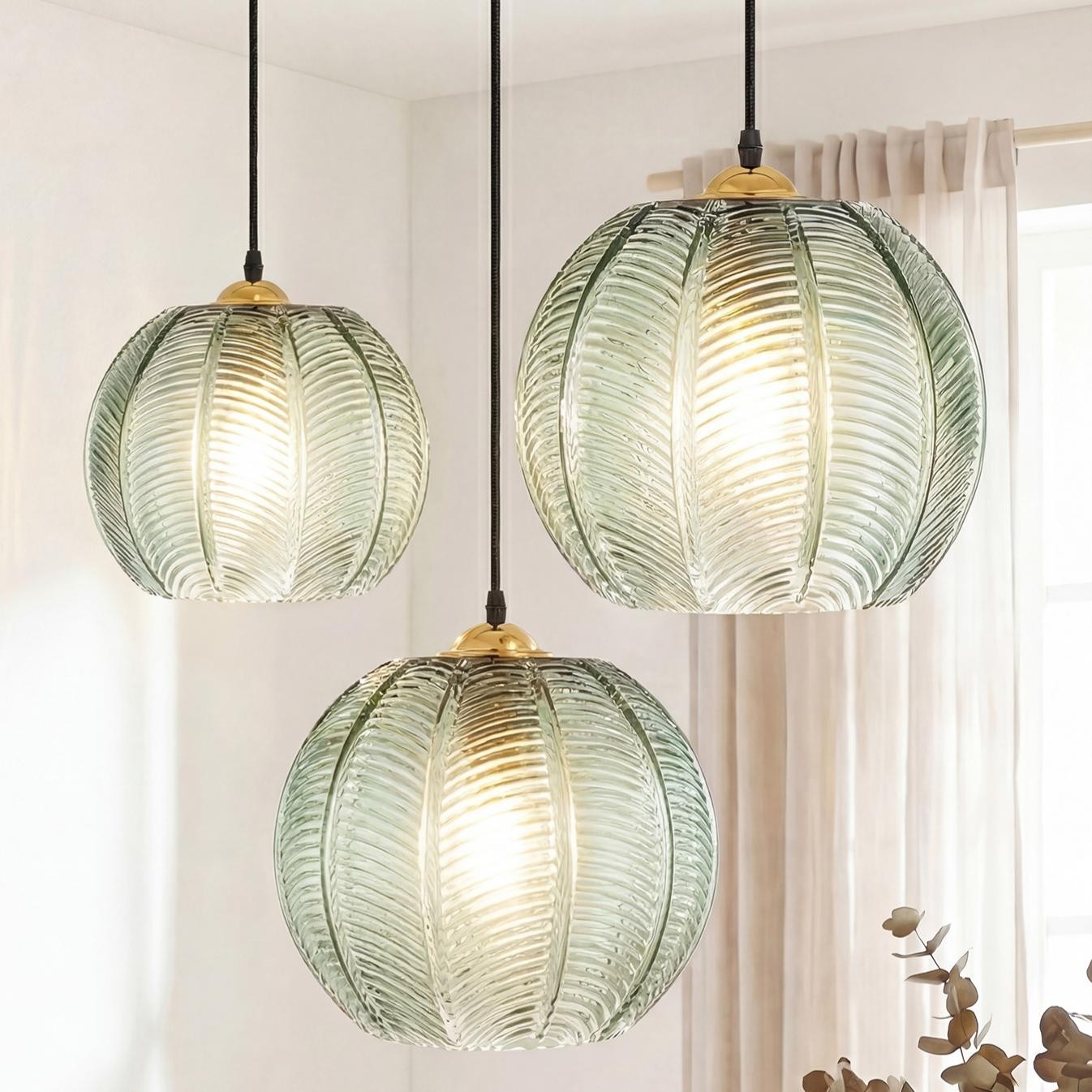 Yasmine Vintage Green Ribbed Glass Hanging Lamp
