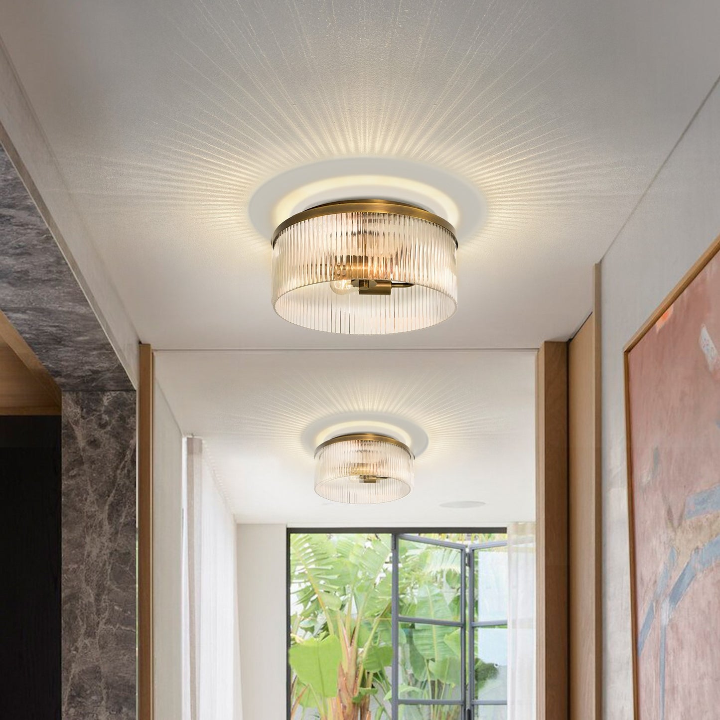 Sylan Farmhouse Round Ribbed Glass Flush Mount Ceiling Light