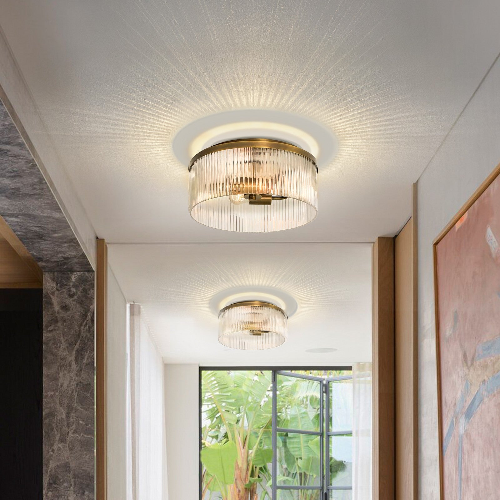 Sylan Farmhouse Round Ribbed Glass Flush Mount Ceiling Light