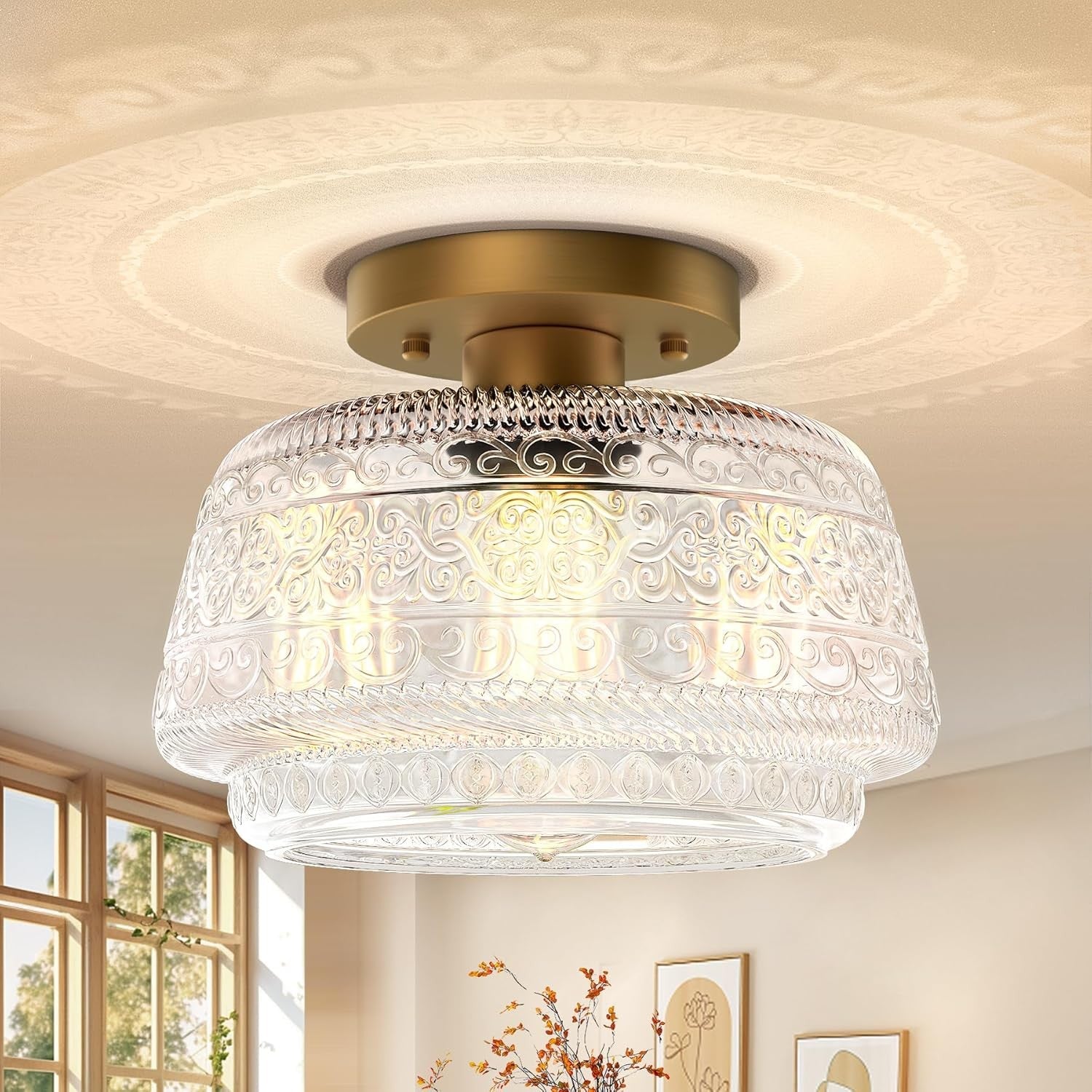 Ixionis Farmhouse Patterned Glass Semi Flush Mount Ceiling Light