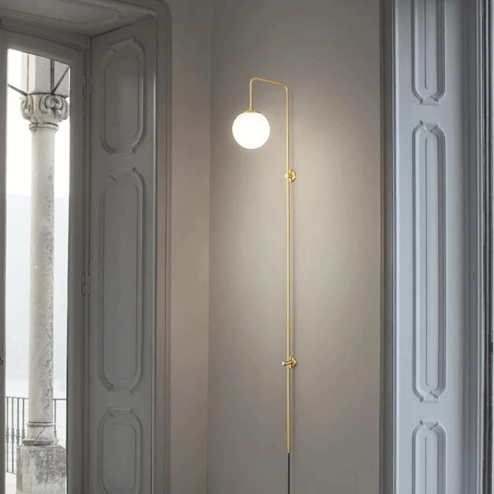 Qorven Minimalist Long Pole Globe Brass Plug In Wall Sconce