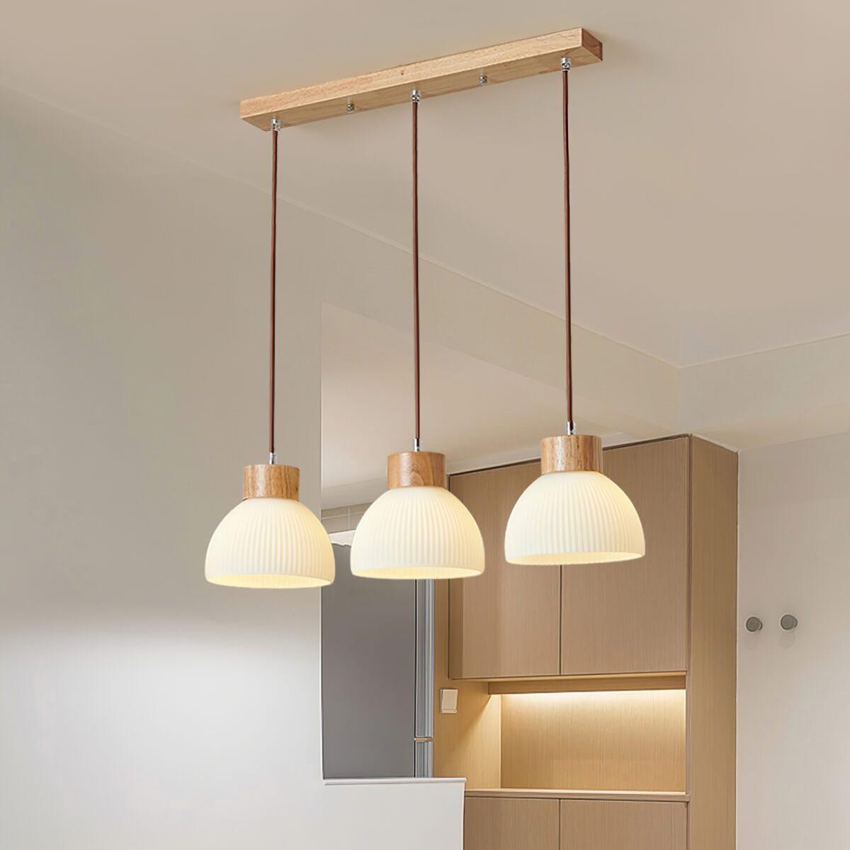 Tyrionth Wood Base 3 Light White Ribbed Glass Shade Pendant Light
