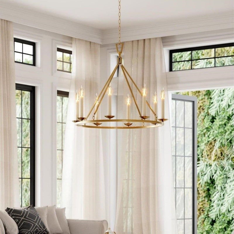 Jock French Gold Wagon Wheel Candle-Shaped Metal Chandelier