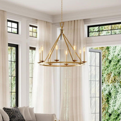 Jock French Gold Wagon Wheel Candle-Shaped Metal Chandelier